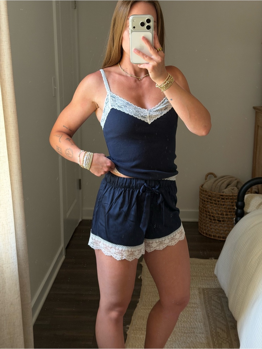 3-piece set Abercrombie & Fitch Navy Camisole and Lace-Trim Sleep Shorts Set - Picture 3 of 6